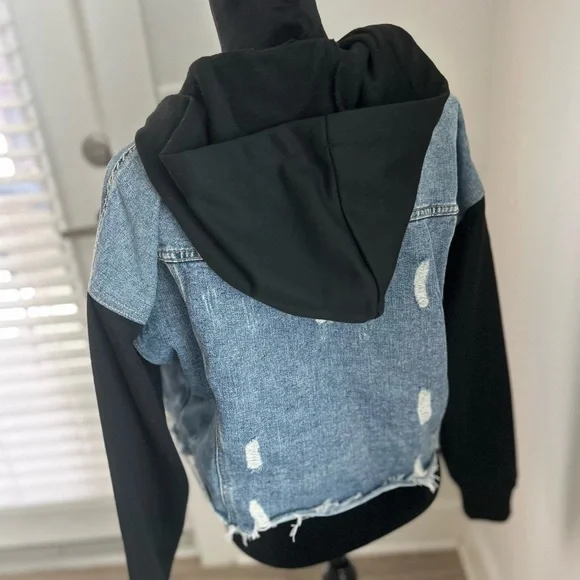 Highway Jeans Distressed Denim Jacket with Black Hood and Sleeves Distressed - Picture 5 of 10